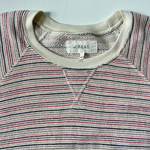 THE GREAT. Striped Crew Neck Sweater - Pink and Cream - Picture 10 of 11